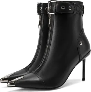 Women's Fashion Metal Pointed Toe Heel Boots Sexy Zip Ankle Stilettos Booties with Strap Buckle Party Dress High Heels for Women