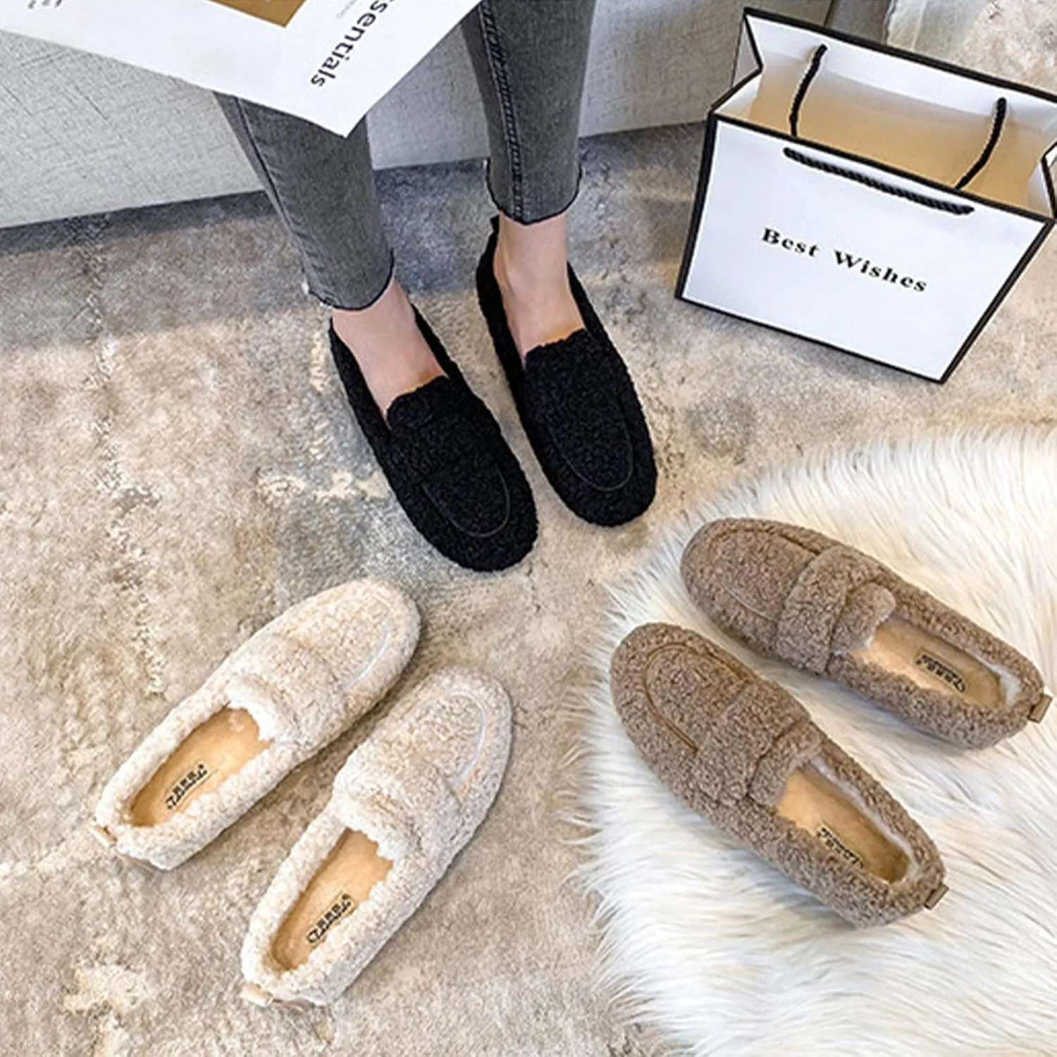 Women's Fuzzy Loafers Warm Faux Fur Cozy Indoor Outdoor Slip On Loafers Shoes Walking Casual Shoes (Black,US 7.5-8)