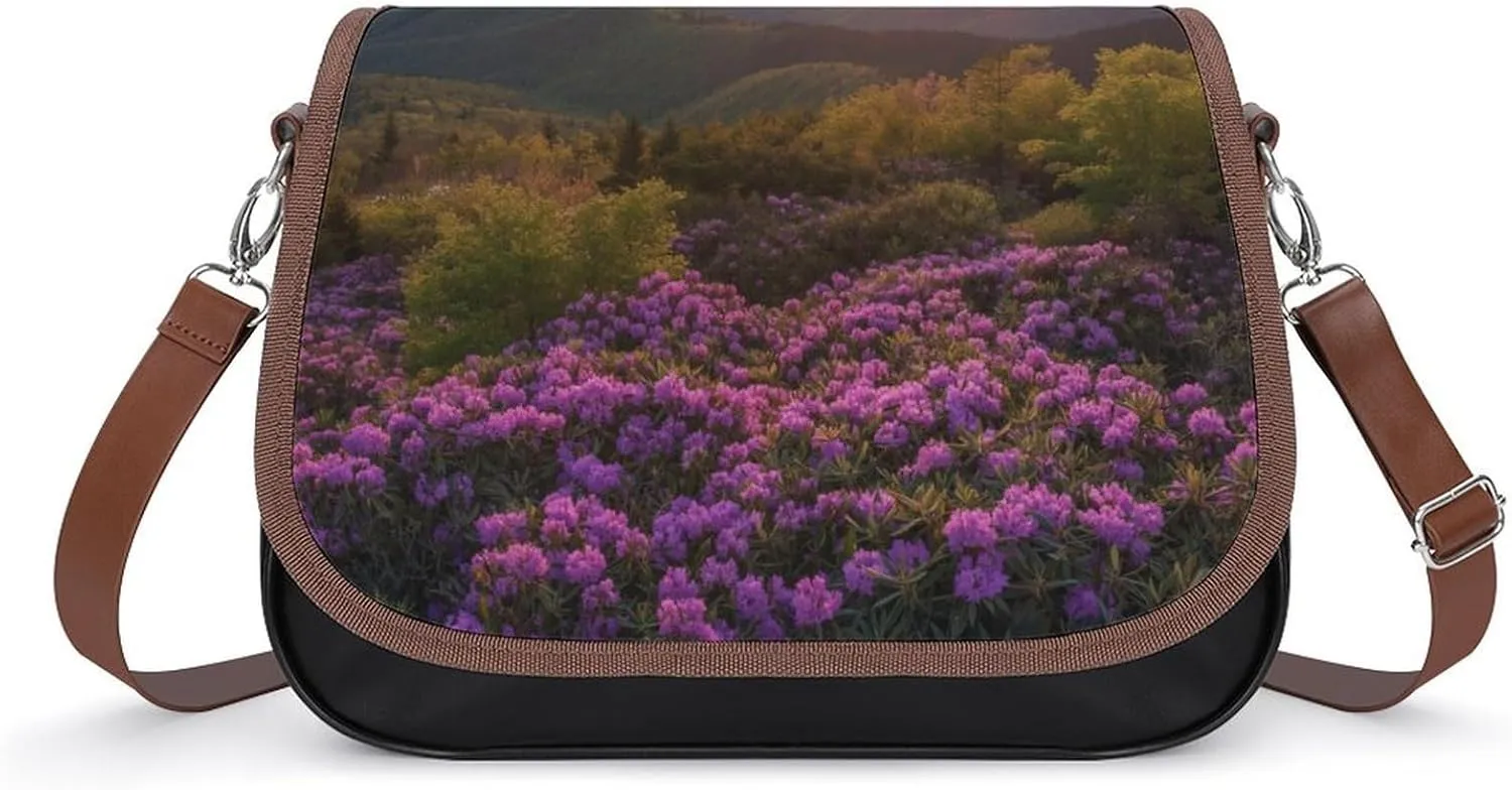 Women's Handbag Mountain Landscape Sunrise And Purple Flowers Satchel Bag Leather Crossbody Bag Waterproof Messenger Bag