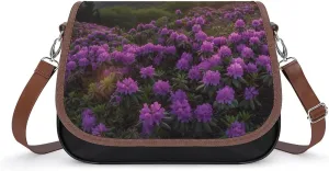 Women's Handbag Mountain Landscape Sunrise And Purple Flowers Satchel Bag Leather Crossbody Bag Waterproof Messenger Bag