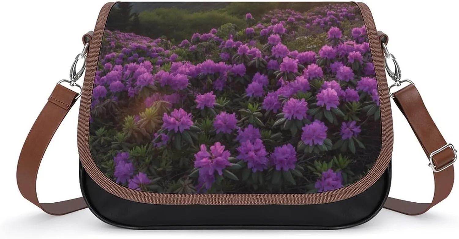 Women's Handbag Mountain Landscape Sunrise And Purple Flowers Satchel Bag Leather Crossbody Bag Waterproof Messenger Bag