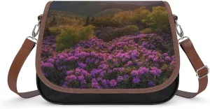 Women's Handbag Mountain Landscape Sunrise And Purple Flowers Satchel Bag Leather Crossbody Bag Waterproof Messenger Bag