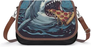Women's Handbag Shark Eating Pizza Satchel Bag Leather Crossbody Bag Waterproof Messenger Bag