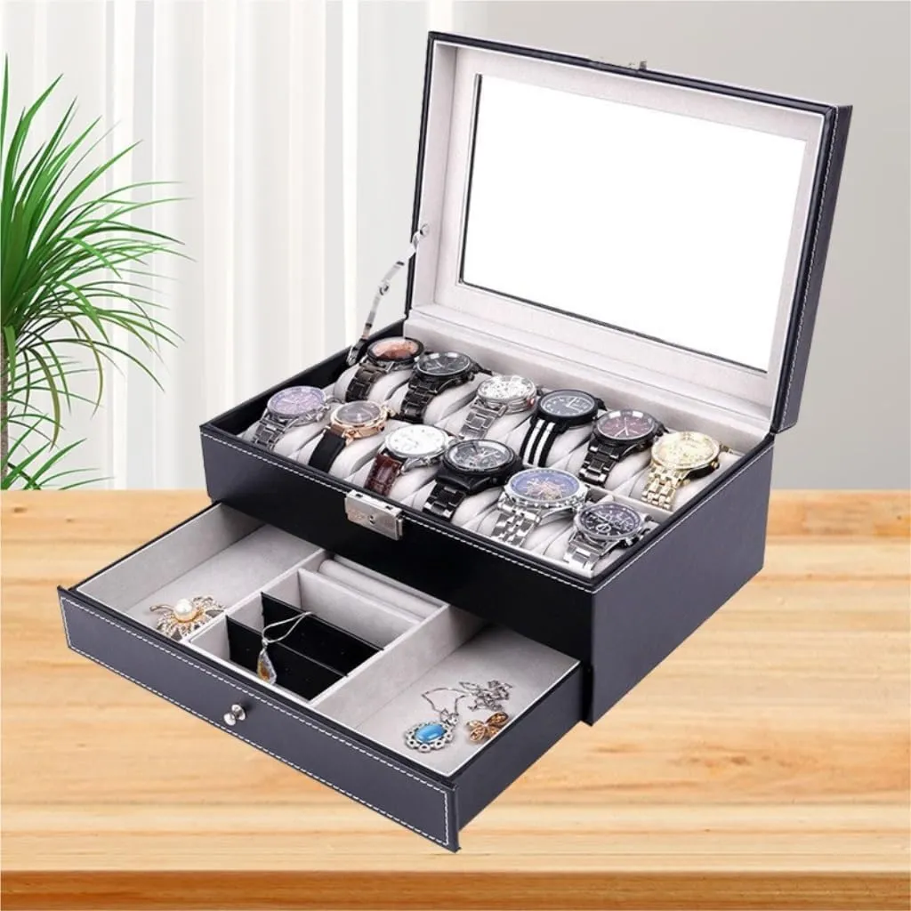 Women's jewelry bo Double Layer 12-position Watch Jewelry Box Transparent 12-position Watch Box Jewelry Box Jewelry Storage Box Travel box(Brown)