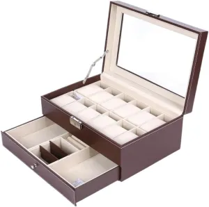 Women's jewelry bo Double Layer 12-position Watch Jewelry Box Transparent 12-position Watch Box Jewelry Box Jewelry Storage Box Travel box(Brown)