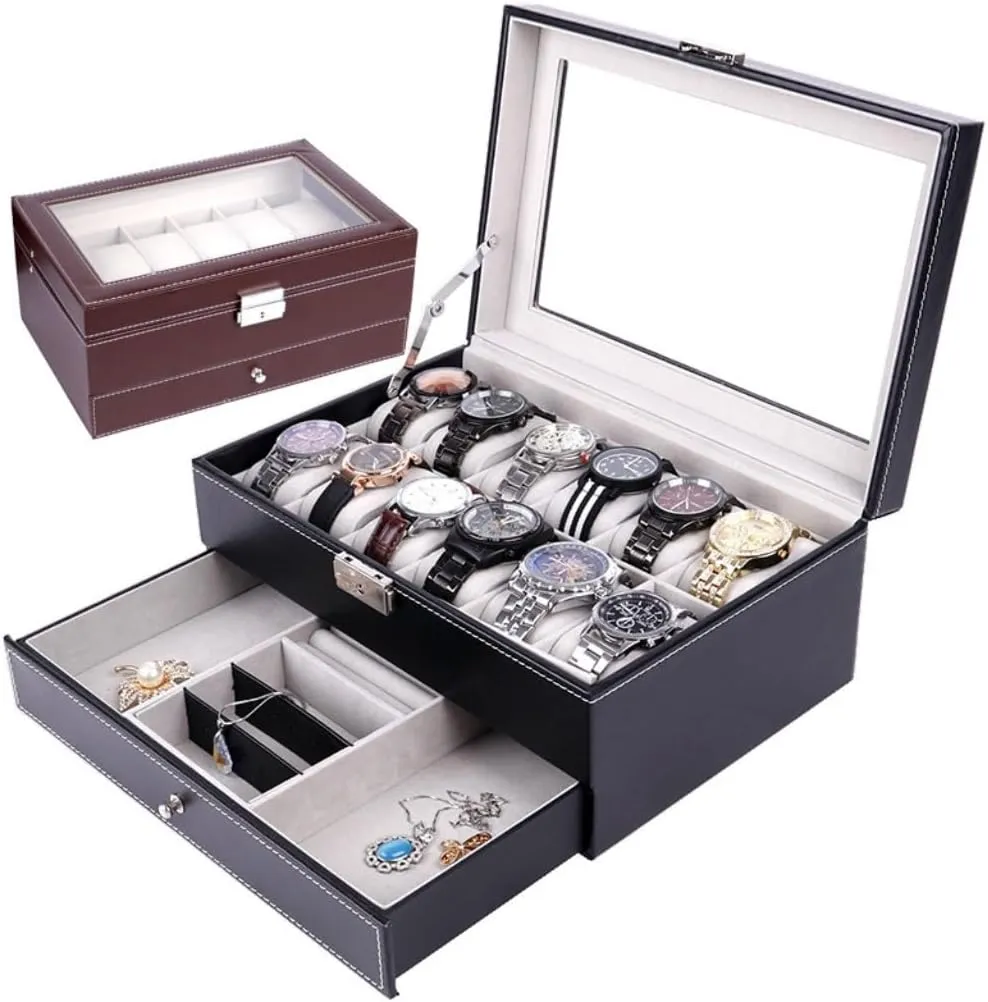 Women's jewelry bo Double Layer 12-position Watch Jewelry Box Transparent 12-position Watch Box Jewelry Box Jewelry Storage Box Travel box(Brown)