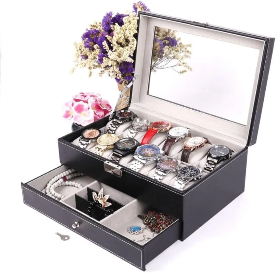 Women's jewelry bo Double Layer 12-position Watch Jewelry Box Transparent 12-position Watch Box Jewelry Box Jewelry Storage Box Travel box(Brown)