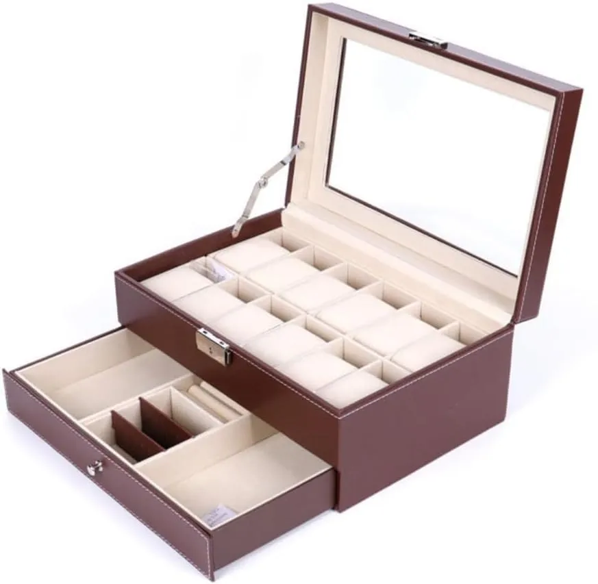 Women's jewelry bo Double Layer 12-position Watch Jewelry Box Transparent 12-position Watch Box Jewelry Box Jewelry Storage Box Travel box(Brown)