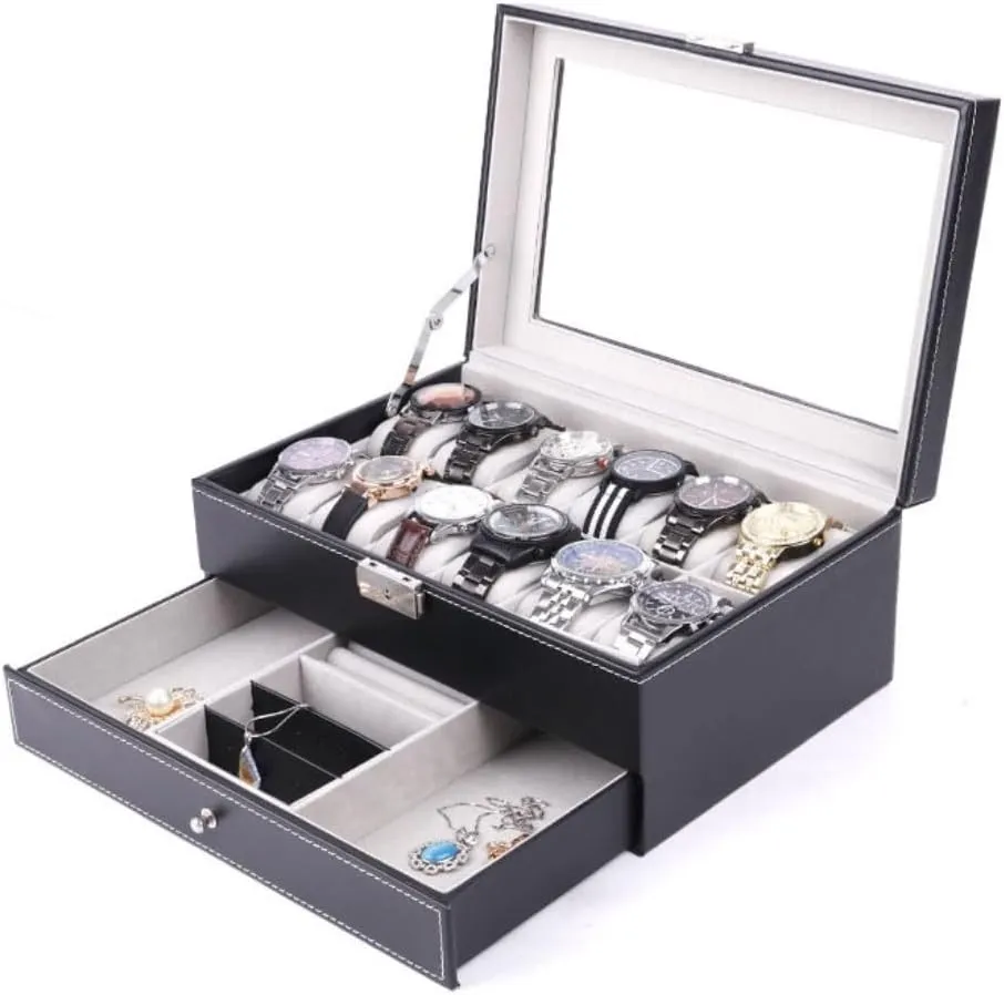 Women's jewelry bo Double Layer 12-position Watch Jewelry Box Transparent 12-position Watch Box Jewelry Box Jewelry Storage Box Travel box(Brown)