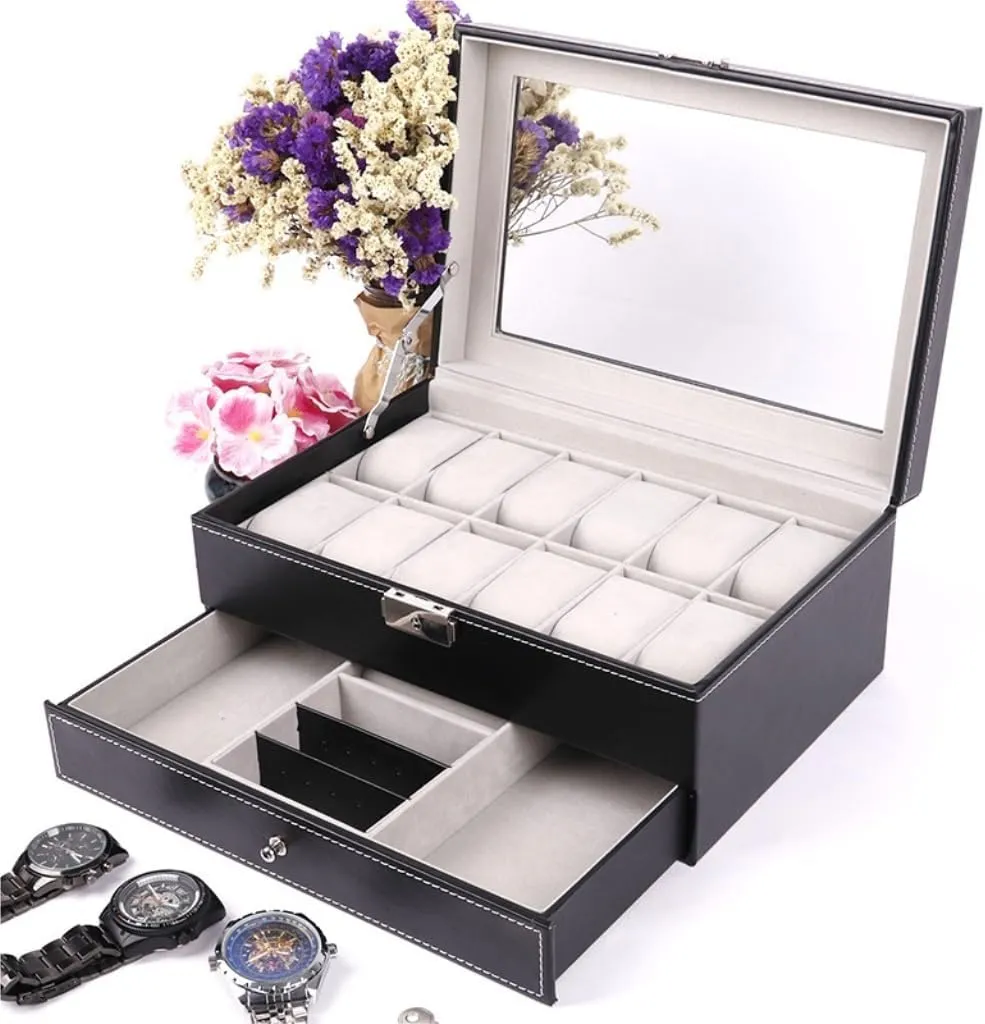 Women's jewelry bo Double Layer 12-position Watch Jewelry Box Transparent 12-position Watch Box Jewelry Box Jewelry Storage Box Travel box(Brown)