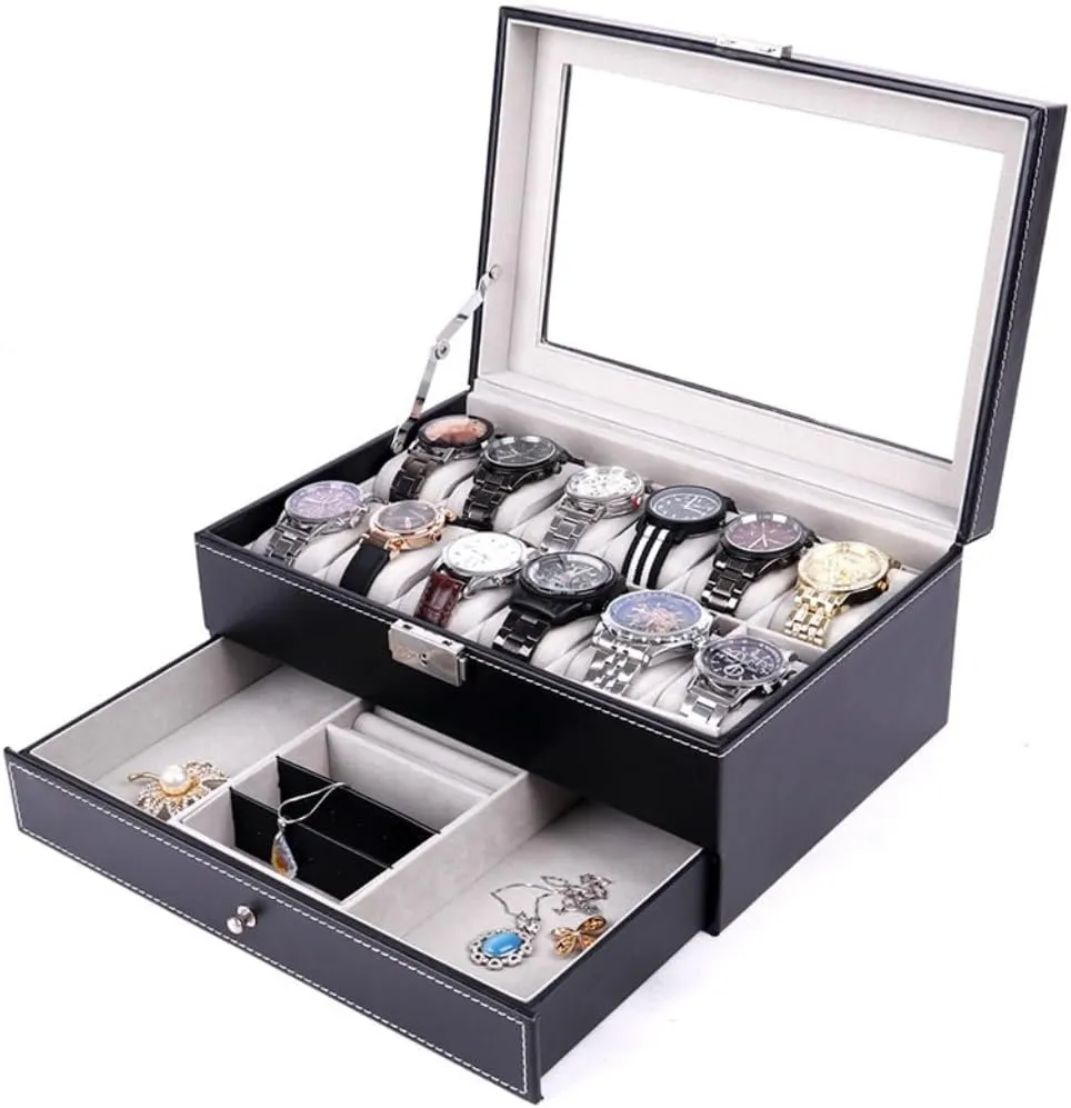 Women's jewelry bo Double Layer 12-position Watch Jewelry Box Transparent 12-position Watch Box Jewelry Box Jewelry Storage Box Travel box(Brown)