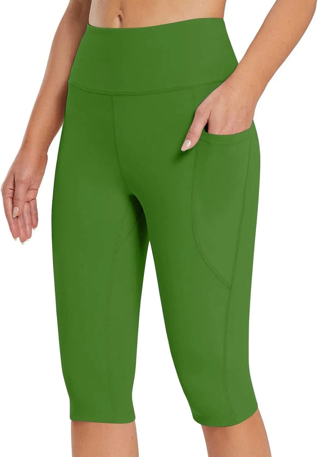 Women's Knee Length Leggings Yoga Capris High Waist Tummy Control Running Athletic Gym Biker Shorts with Pockets