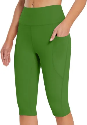 Women's Knee Length Leggings Yoga Capris High Waist Tummy Control Running Athletic Gym Biker Shorts with Pockets