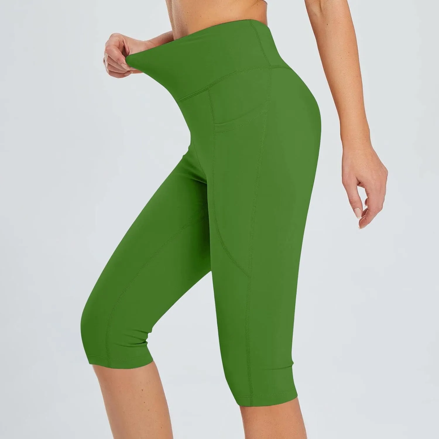 Women's Knee Length Leggings Yoga Capris High Waist Tummy Control Running Athletic Gym Biker Shorts with Pockets