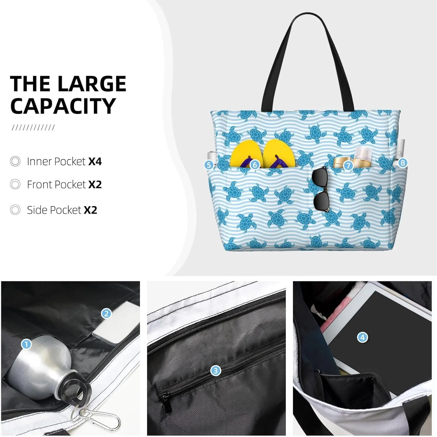 Women's Large Beach Bag Waterproof Travel Tote Bag with Pocket Sandproof Foldable Weekender Bags for Pool Vacation