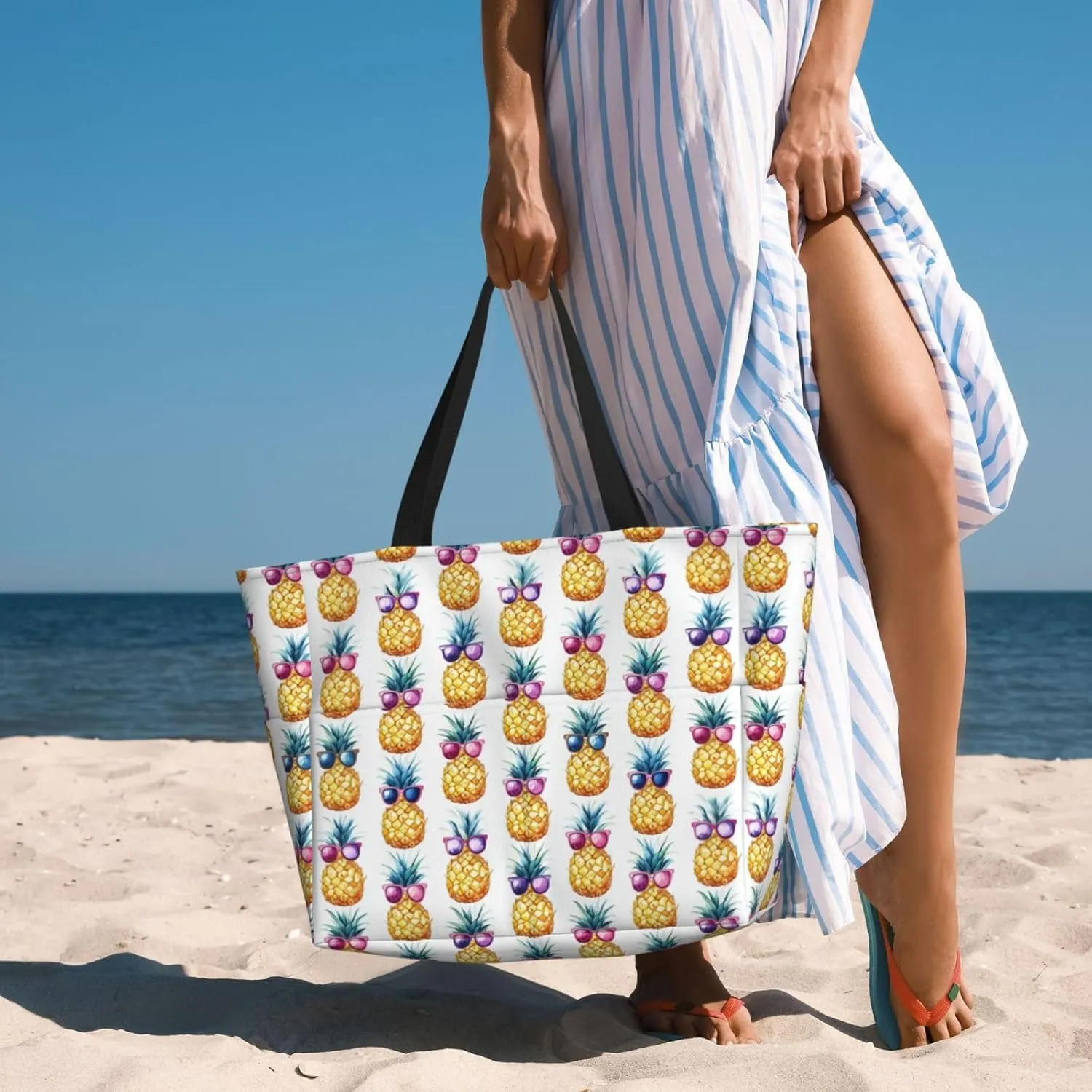 Women's Large Beach Bag Waterproof Travel Tote Bag with Pocket Sandproof Foldable Weekender Bags for Pool Vacation