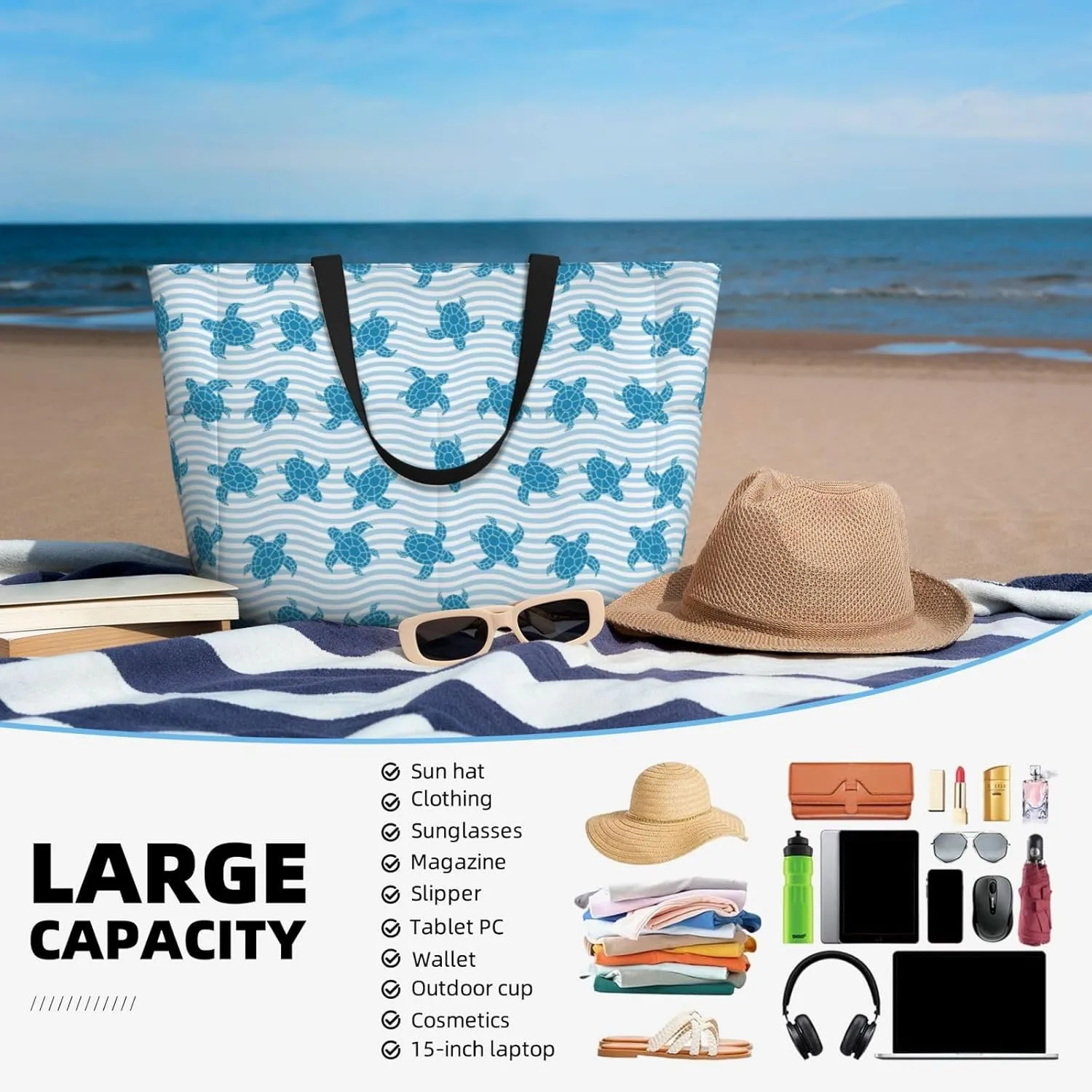 Women's Large Beach Bag Waterproof Travel Tote Bag with Pocket Sandproof Foldable Weekender Bags for Pool Vacation