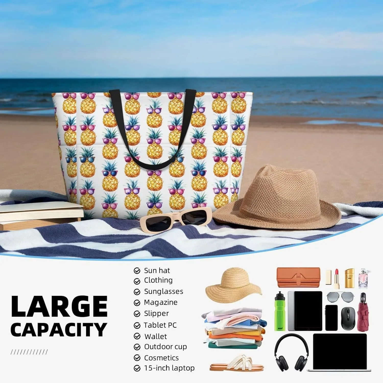 Women's Large Beach Bag Waterproof Travel Tote Bag with Pocket Sandproof Foldable Weekender Bags for Pool Vacation
