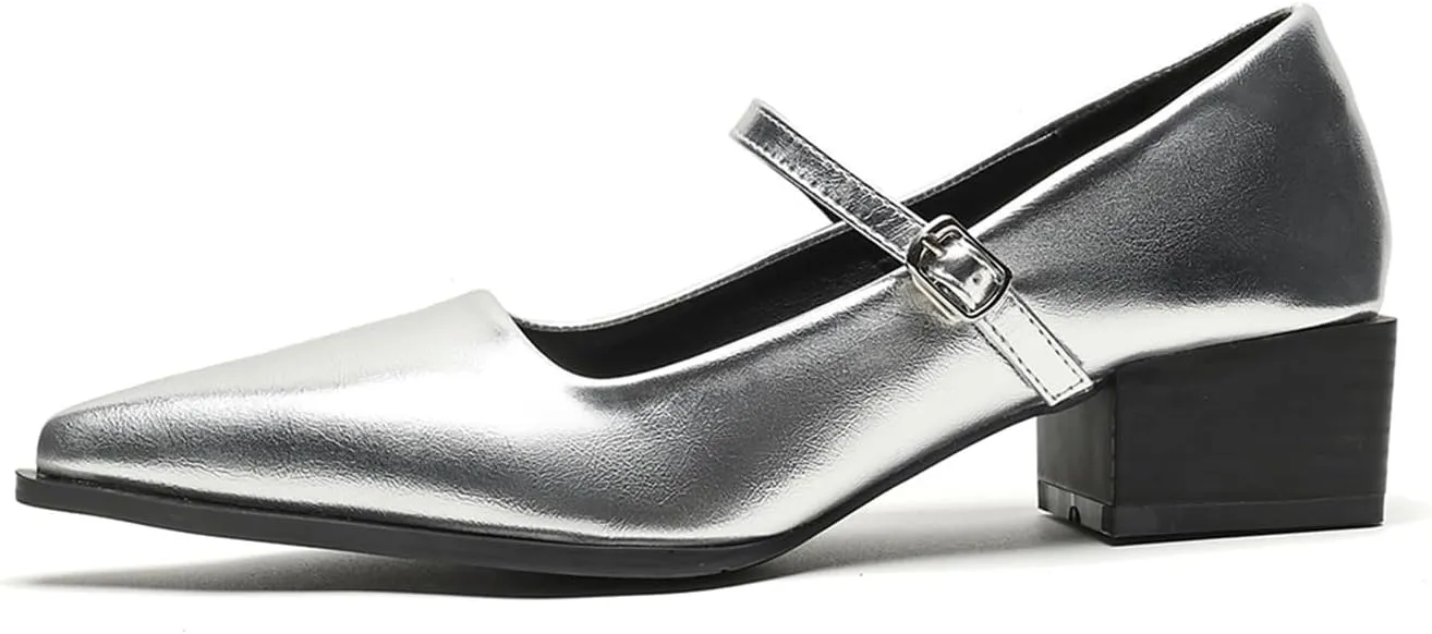 Women's Patent Leather Low Chunky Heel Dress Mary Jane Shoes Stylish Closed Pointed Ankle Strap Block Heel Non-Slip Formal Pumps Suitable for Wedding Bride Work