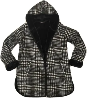 Womens Plush Lined Hooded Jacket, Ivory/Black Houndstooth, Medium