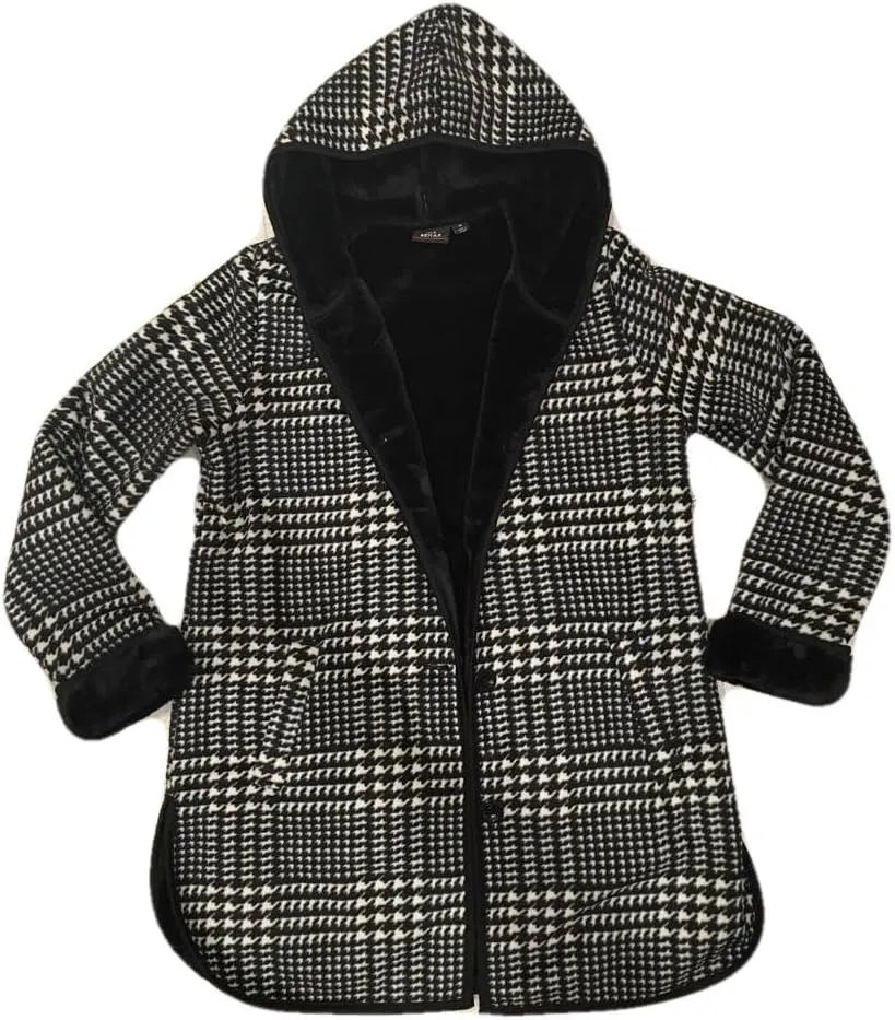 Womens Plush Lined Hooded Jacket, Ivory/Black Houndstooth, Medium