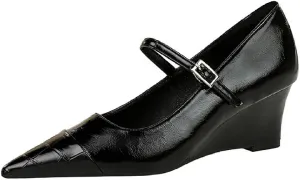 Womens Printed Leather Mary Janes Wedge Pumps with Adjustable Ankle Buckle Splice Retro Comfortable Closed Pointed Toe Dress Shoes for Dating Wedding Work