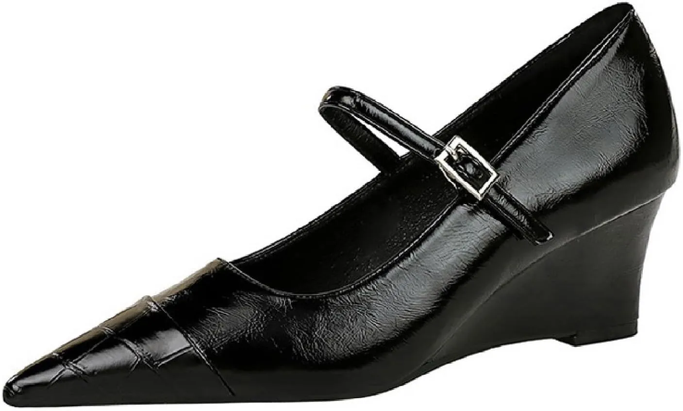 Womens Printed Leather Mary Janes Wedge Pumps with Adjustable Ankle Buckle Splice Retro Comfortable Closed Pointed Toe Dress Shoes for Dating Wedding Work