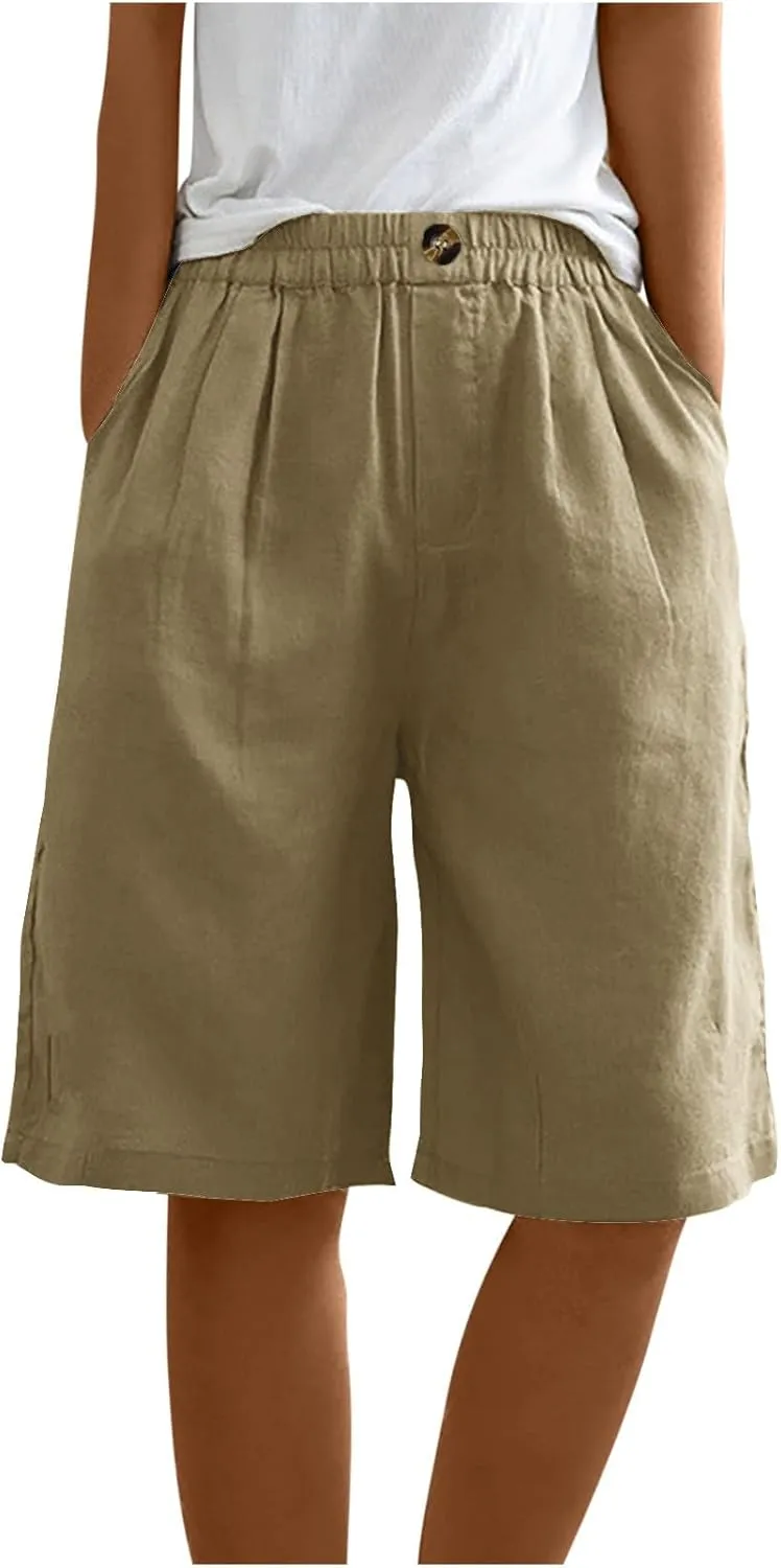 Womens Shorts Casual Loose Summer Beach Knee Length Flared Shorts Trendy Flowy Lounge Cotton Linen Half Shorts with Pockets
