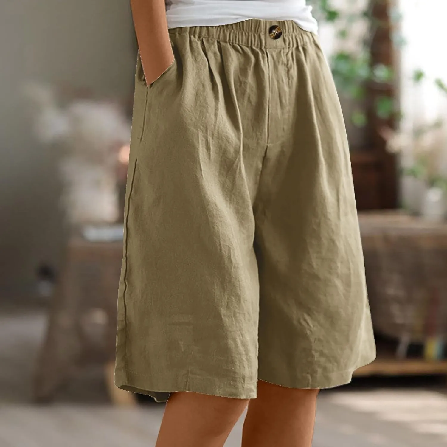 Womens Shorts Casual Loose Summer Beach Knee Length Flared Shorts Trendy Flowy Lounge Cotton Linen Half Shorts with Pockets