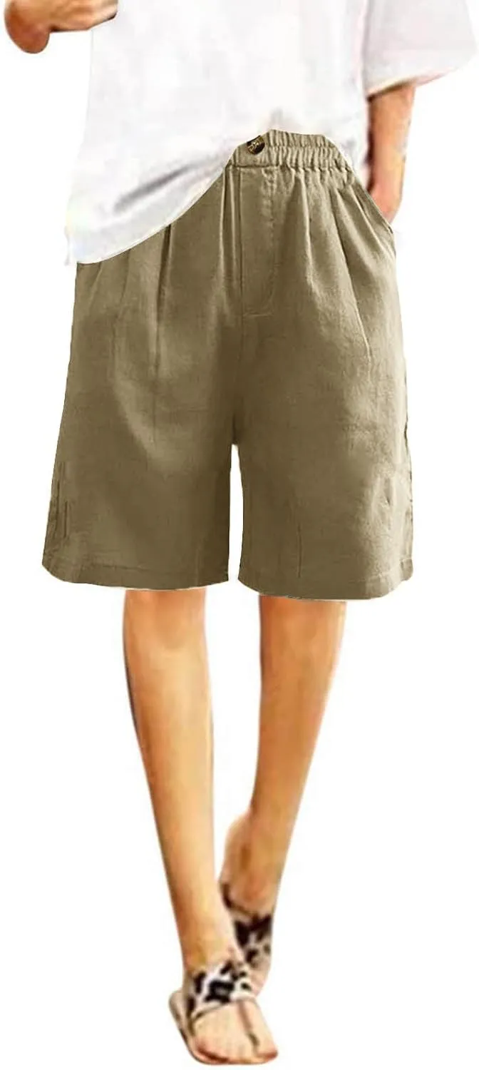 Womens Shorts Casual Loose Summer Beach Knee Length Flared Shorts Trendy Flowy Lounge Cotton Linen Half Shorts with Pockets
