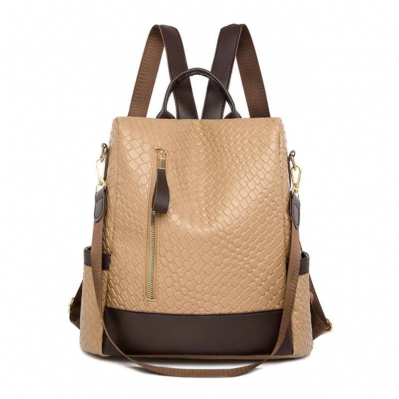 Women's Soft Leather Fashion Color Contrast Woven Backpacks