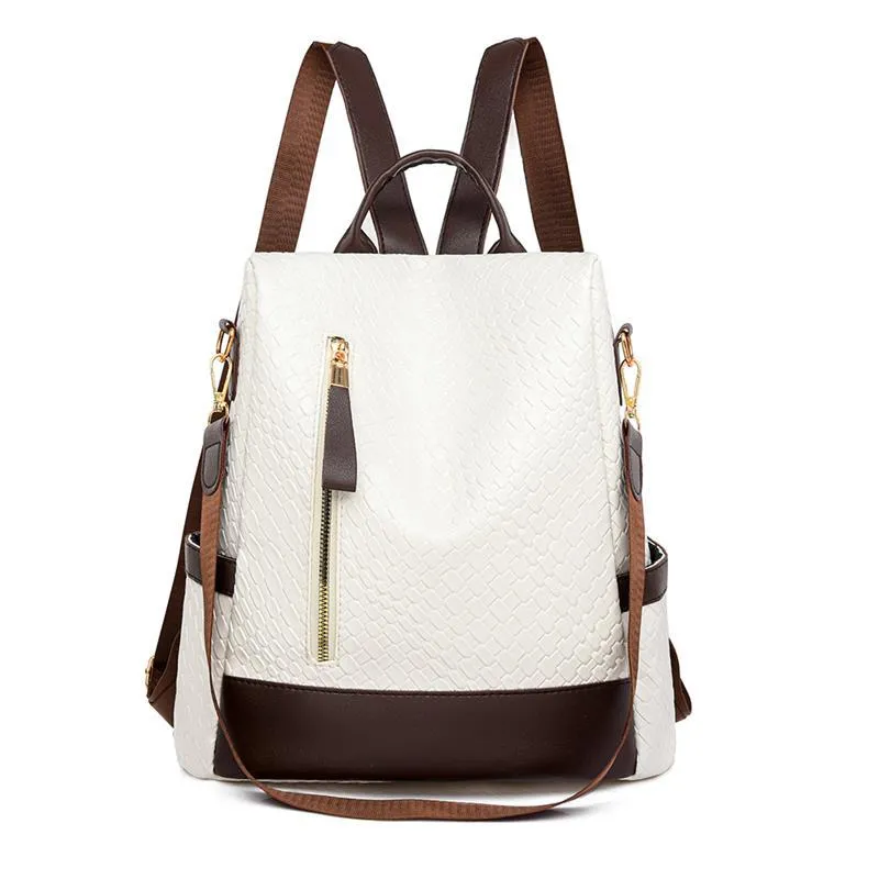 Women's Soft Leather Fashion Color Contrast Woven Backpacks