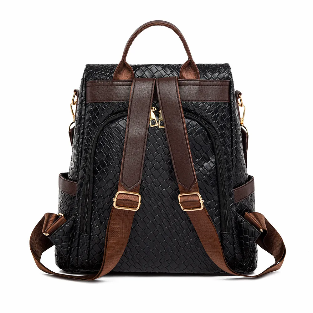 Women's Soft Leather Fashion Color Contrast Woven Backpacks