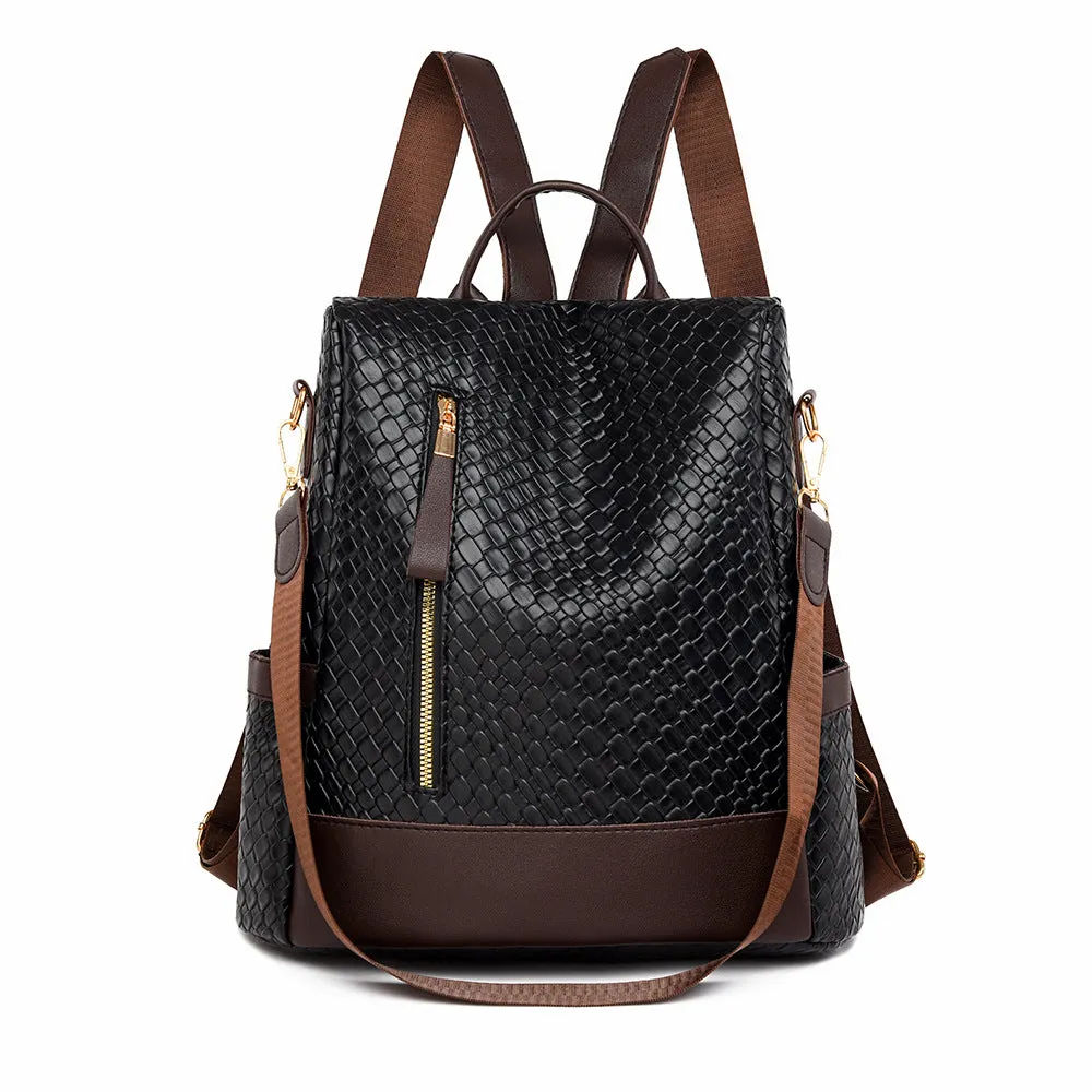 Women's Soft Leather Fashion Color Contrast Woven Backpacks