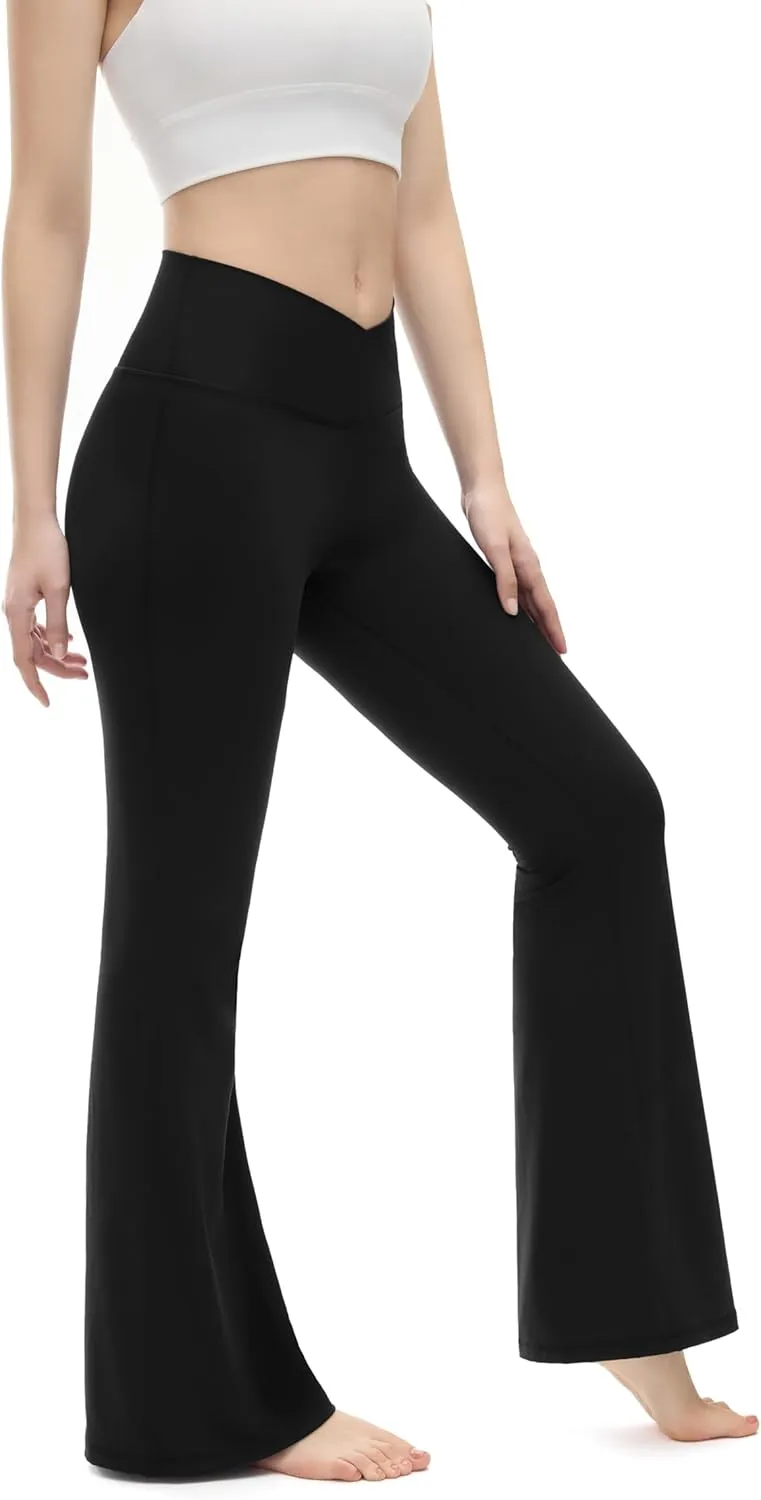 Womens Yoga Pants V Crossover Flare Leggings Tummy Control High Waist Bootcut Leggings