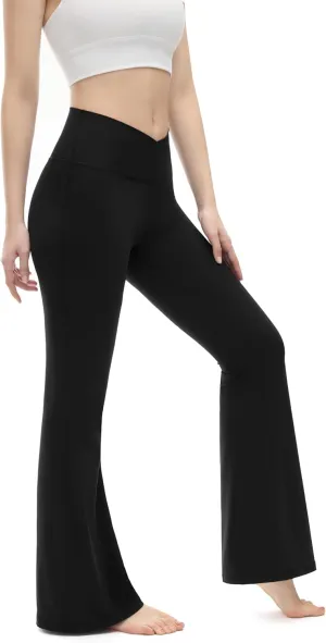 Womens Yoga Pants V Crossover Flare Leggings Tummy Control High Waist Bootcut Leggings
