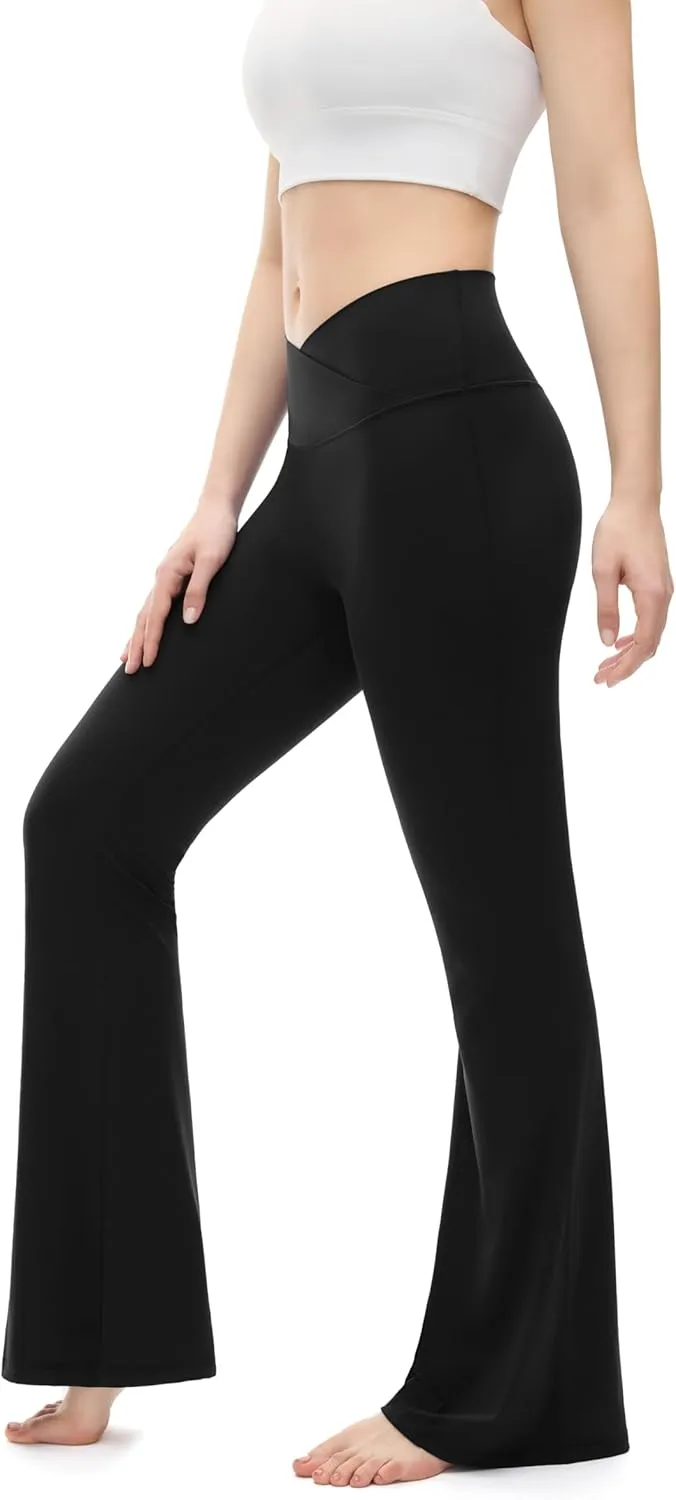 Womens Yoga Pants V Crossover Flare Leggings Tummy Control High Waist Bootcut Leggings