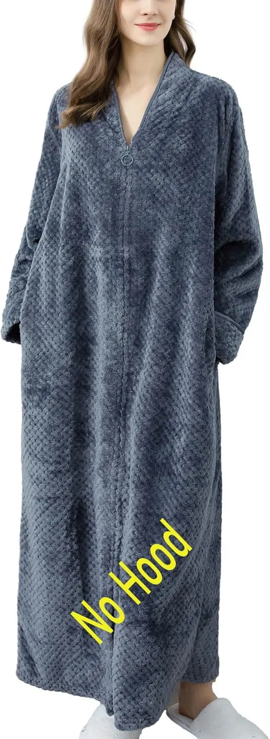 Womens Zip Robe Long Plush Hooded Robe Winter Warm Fluffy Zip Up Bathrobe Cozy Fuzzy Housecoat with Pockets