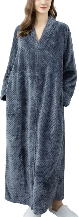 Womens Zip Robe Long Plush Hooded Robe Winter Warm Fluffy Zip Up Bathrobe Cozy Fuzzy Housecoat with Pockets