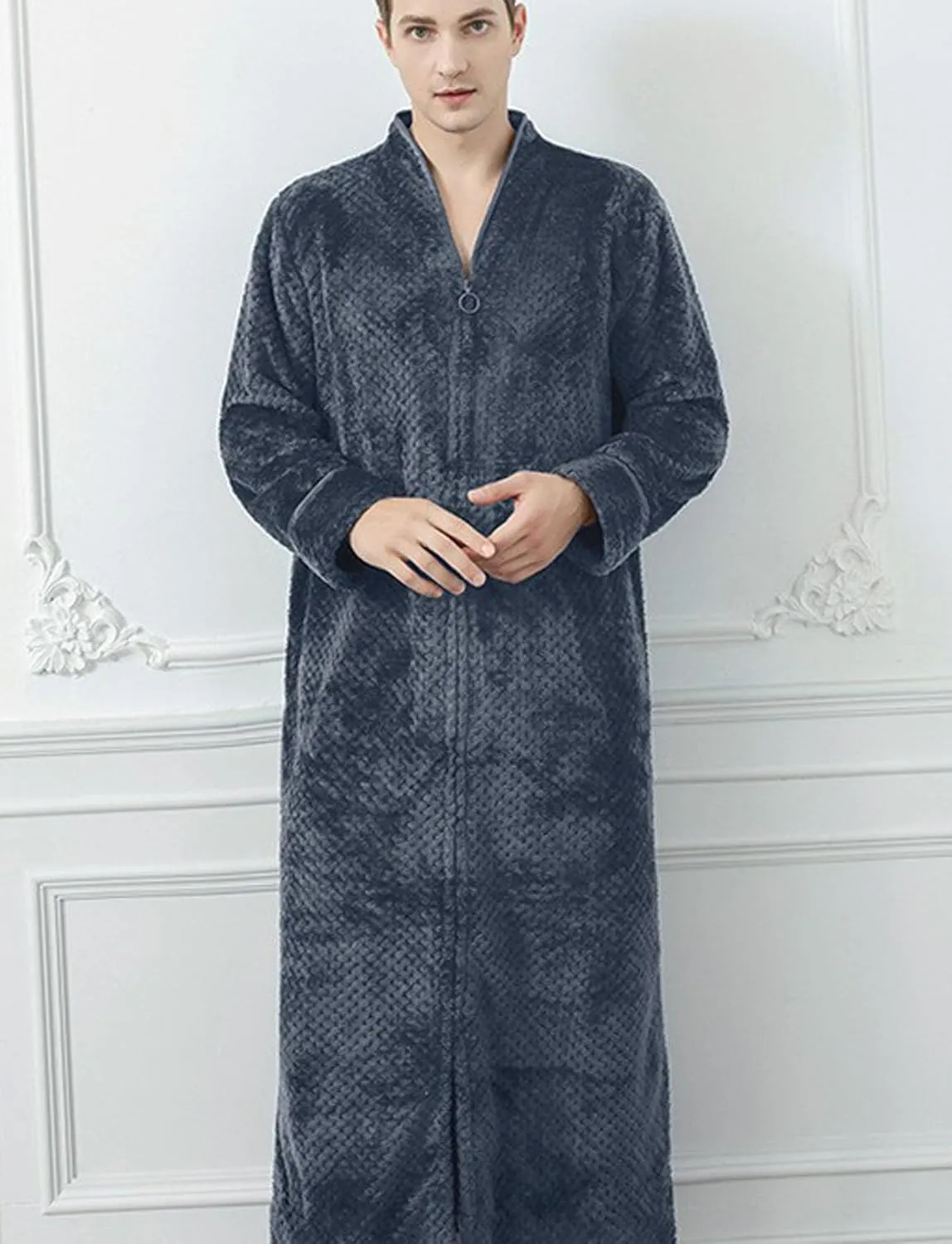 Womens Zip Robe Long Plush Hooded Robe Winter Warm Fluffy Zip Up Bathrobe Cozy Fuzzy Housecoat with Pockets
