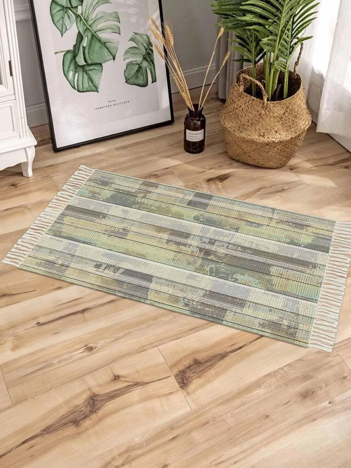 Wooden Grain Large Runner Rug 4X6 Ft Living Room Area Rug, Washable Woven Throw Carpet with Tassel, Farmhouse Country Cabin Mottled Plank Non-Shedding Bedroom Office Carpets