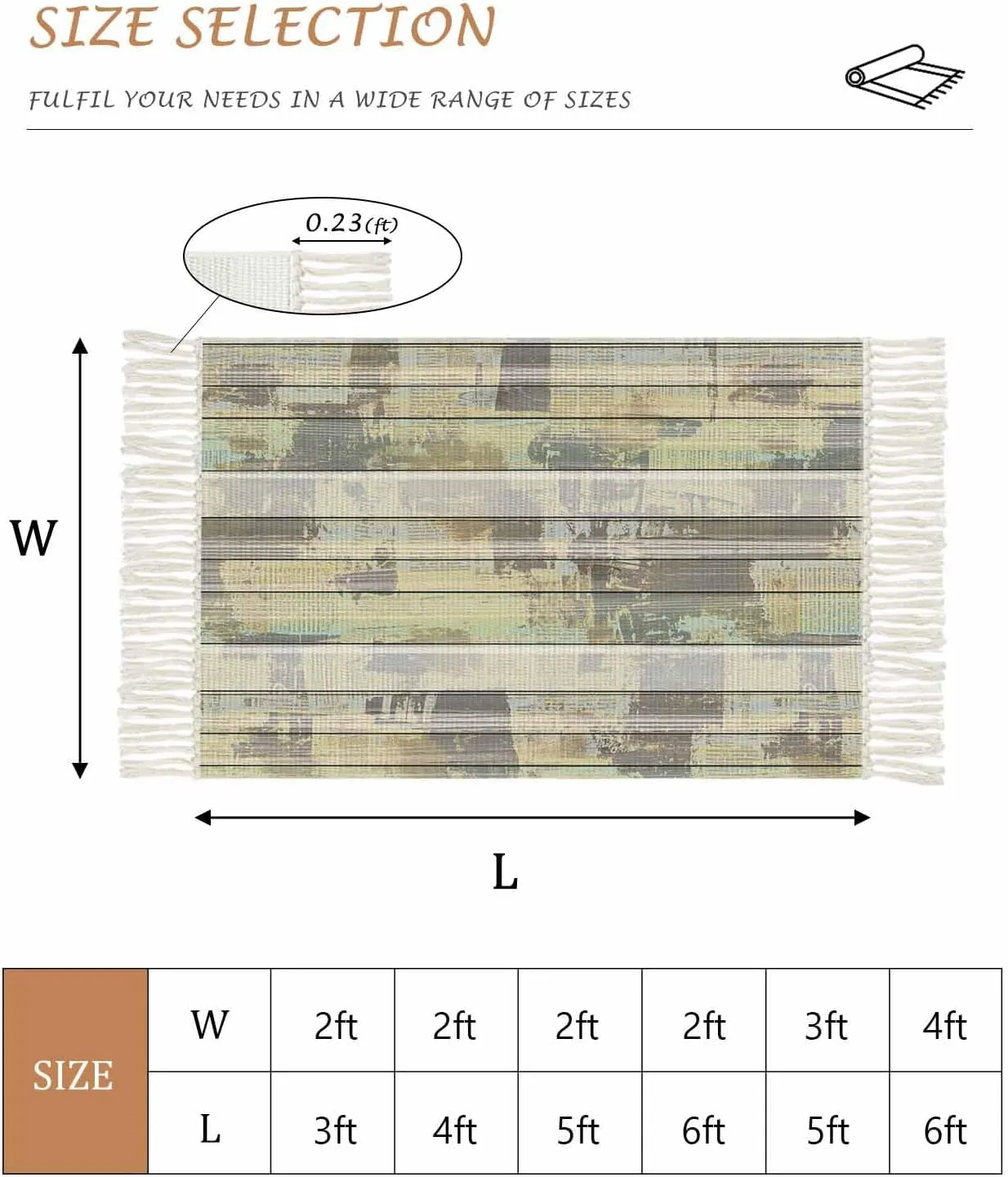 Wooden Grain Large Runner Rug 4X6 Ft Living Room Area Rug, Washable Woven Throw Carpet with Tassel, Farmhouse Country Cabin Mottled Plank Non-Shedding Bedroom Office Carpets