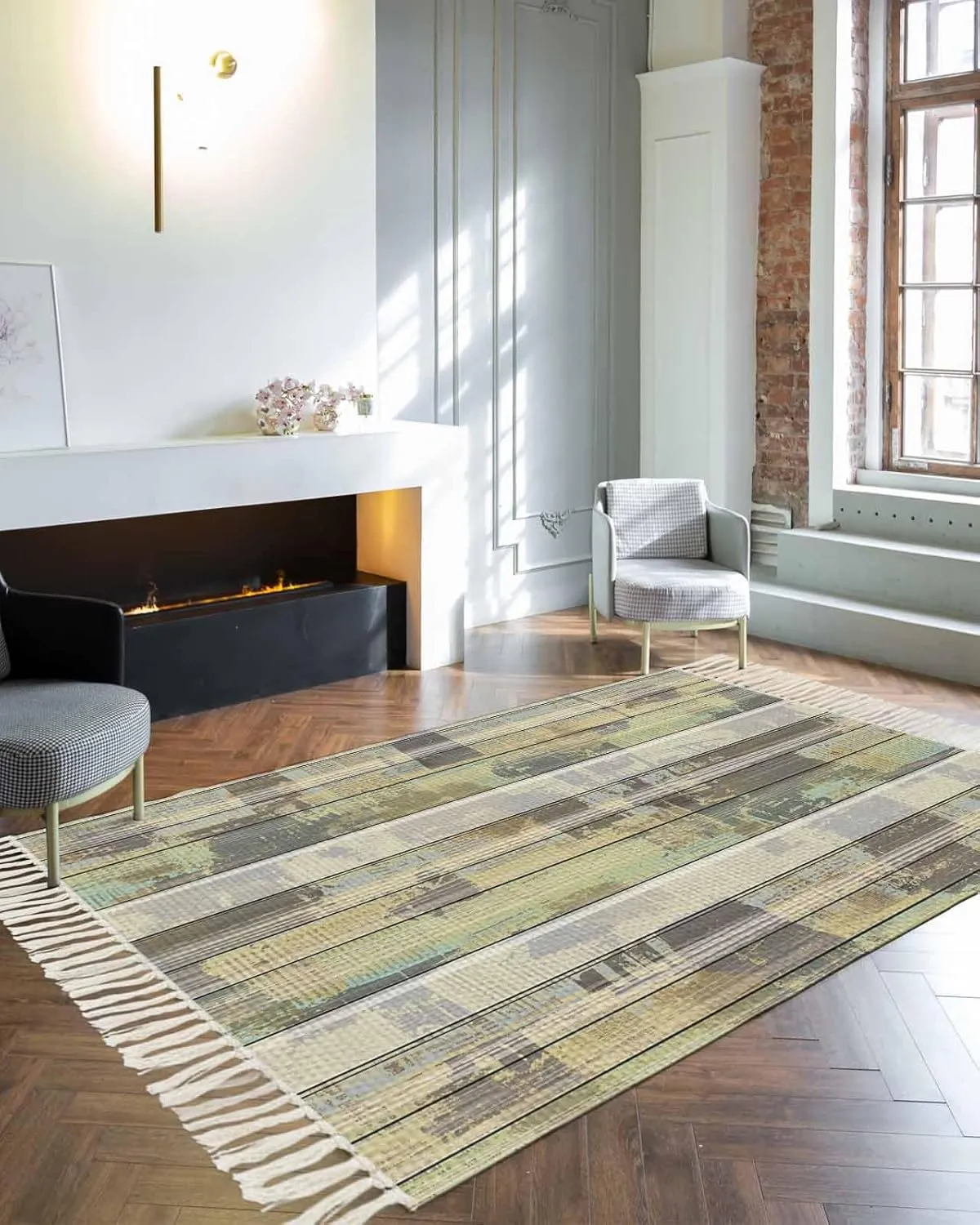 Wooden Grain Large Runner Rug 4X6 Ft Living Room Area Rug, Washable Woven Throw Carpet with Tassel, Farmhouse Country Cabin Mottled Plank Non-Shedding Bedroom Office Carpets