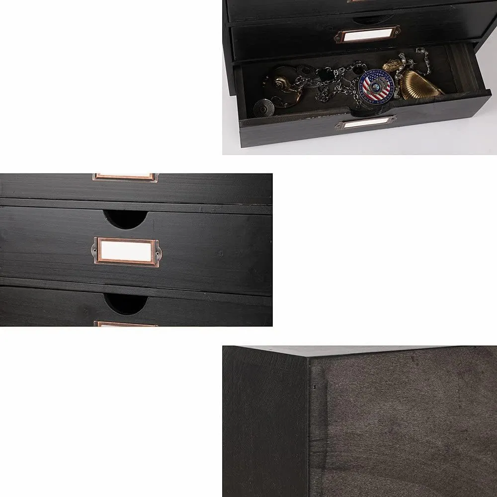 Wooden Storage Box Rustic Desktop Organizer with 4 Drawers Office Desk Accessories Shelf Large Craft Storage Containers Apothecary Cabinet and Chest Jewelry Holder for women(BLACK)
