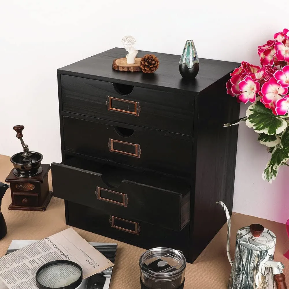 Wooden Storage Box Rustic Desktop Organizer with 4 Drawers Office Desk Accessories Shelf Large Craft Storage Containers Apothecary Cabinet and Chest Jewelry Holder for women(BLACK)