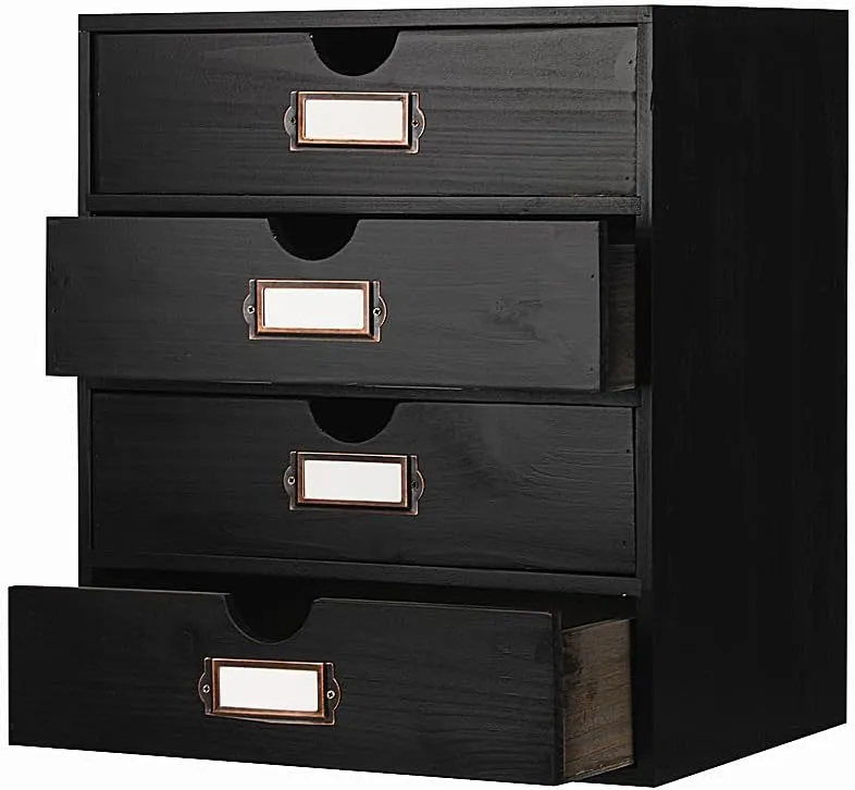 Wooden Storage Box Rustic Desktop Organizer with 4 Drawers Office Desk Accessories Shelf Large Craft Storage Containers Apothecary Cabinet and Chest Jewelry Holder for women(BLACK)