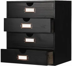 Wooden Storage Box Rustic Desktop Organizer with 4 Drawers Office Desk Accessories Shelf Large Craft Storage Containers Apothecary Cabinet and Chest Jewelry Holder for women(BLACK)