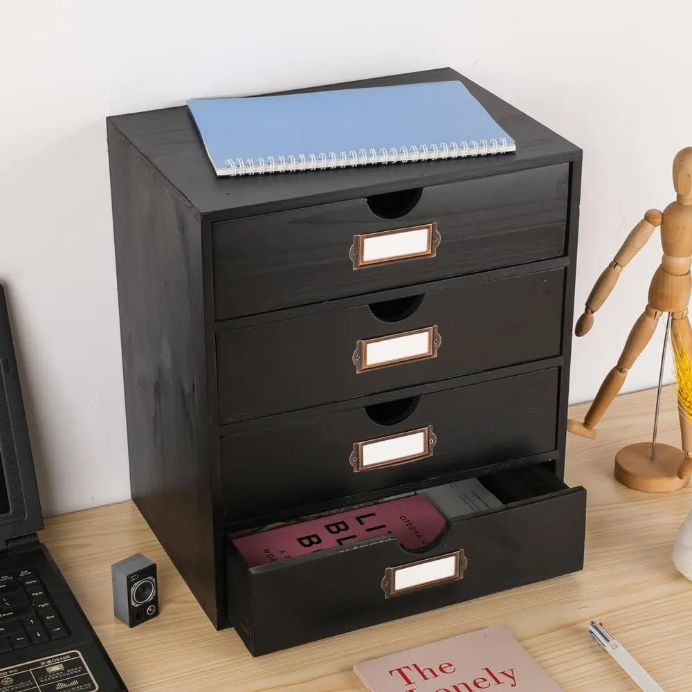 Wooden Storage Box Rustic Desktop Organizer with 4 Drawers Office Desk Accessories Shelf Large Craft Storage Containers Apothecary Cabinet and Chest Jewelry Holder for women(BLACK)