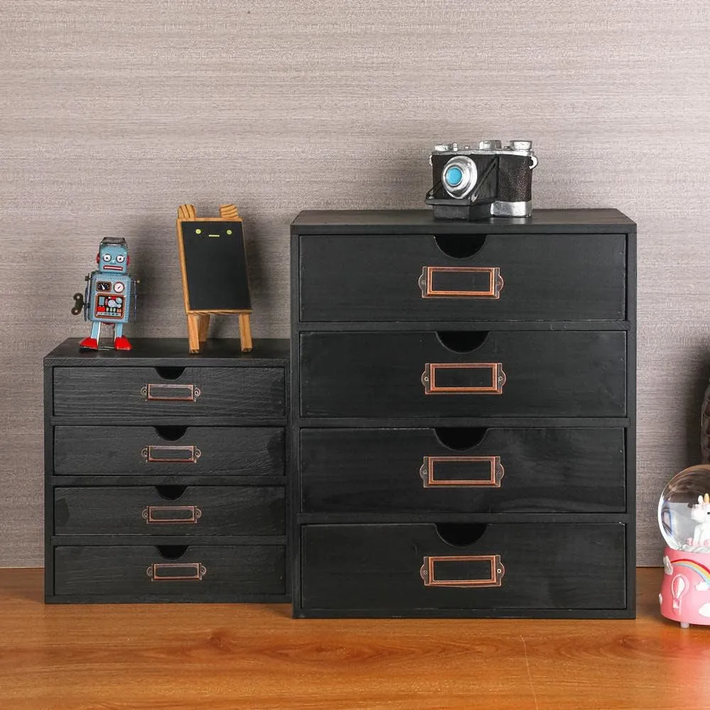 Wooden Storage Box Rustic Desktop Organizer with 4 Drawers Office Desk Accessories Shelf Large Craft Storage Containers Apothecary Cabinet and Chest Jewelry Holder for women(BLACK)