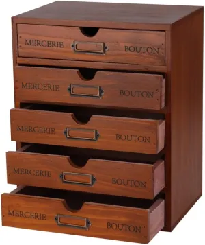 Wooden Storage Box with 5 Drawers Apothecary Drawers Vintage Wooden Drawers Wood Desktop Organizer with Drawers Countertop Drawers Library Card Catalog Cabinet Apothecary Cabinet （BROWN）